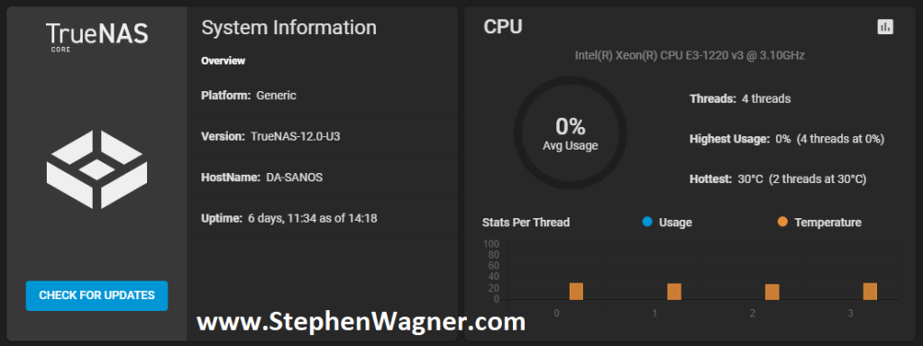 Screenshot of TrueNAS Dashboard Installed on NVMe Storage Server
