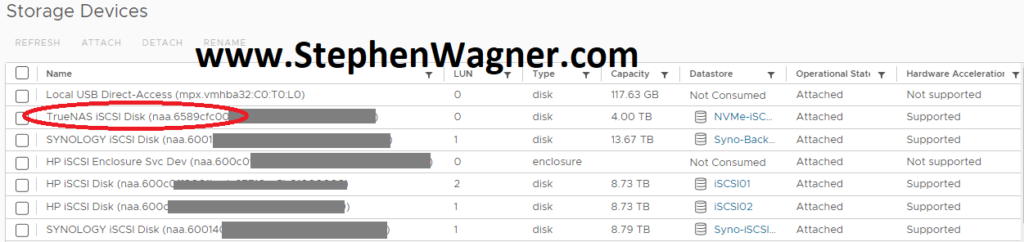 Screenshot of TrueNAS NVMe iSCSI Target on VMware ESXi Host