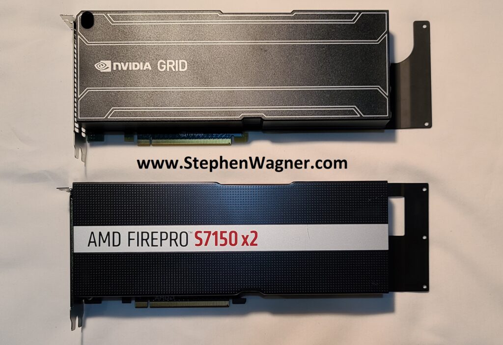 Image of a AMD S7150 X2 side by side with an Nvidia GRID K1 GPU Graphics Card