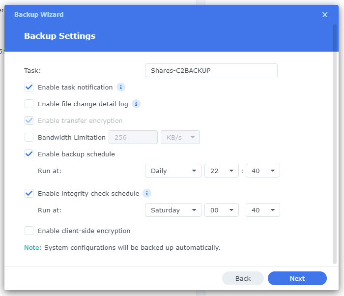 Hyper Backup Backup Settings