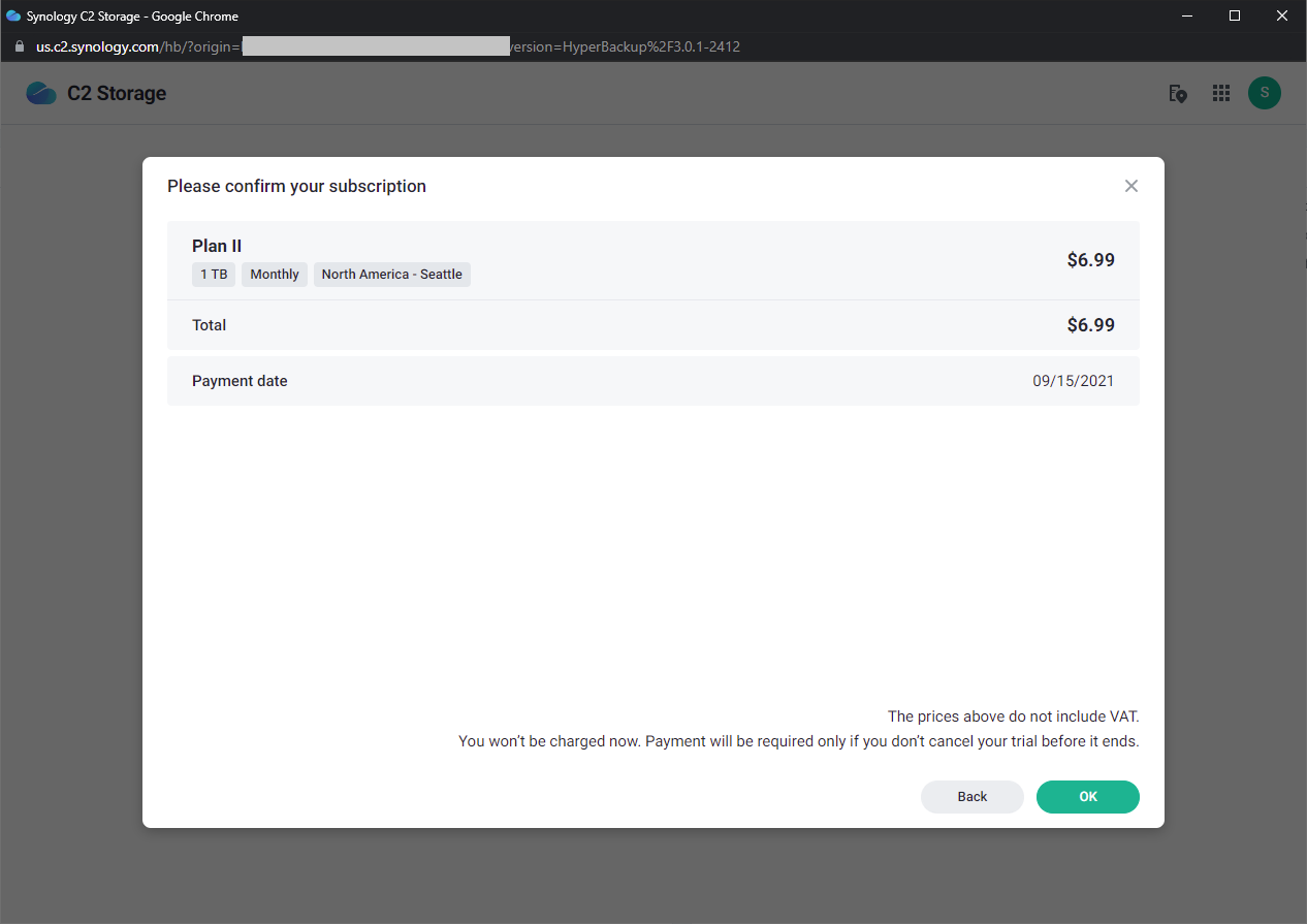 Synology C2 Storage - Confirm Subscription