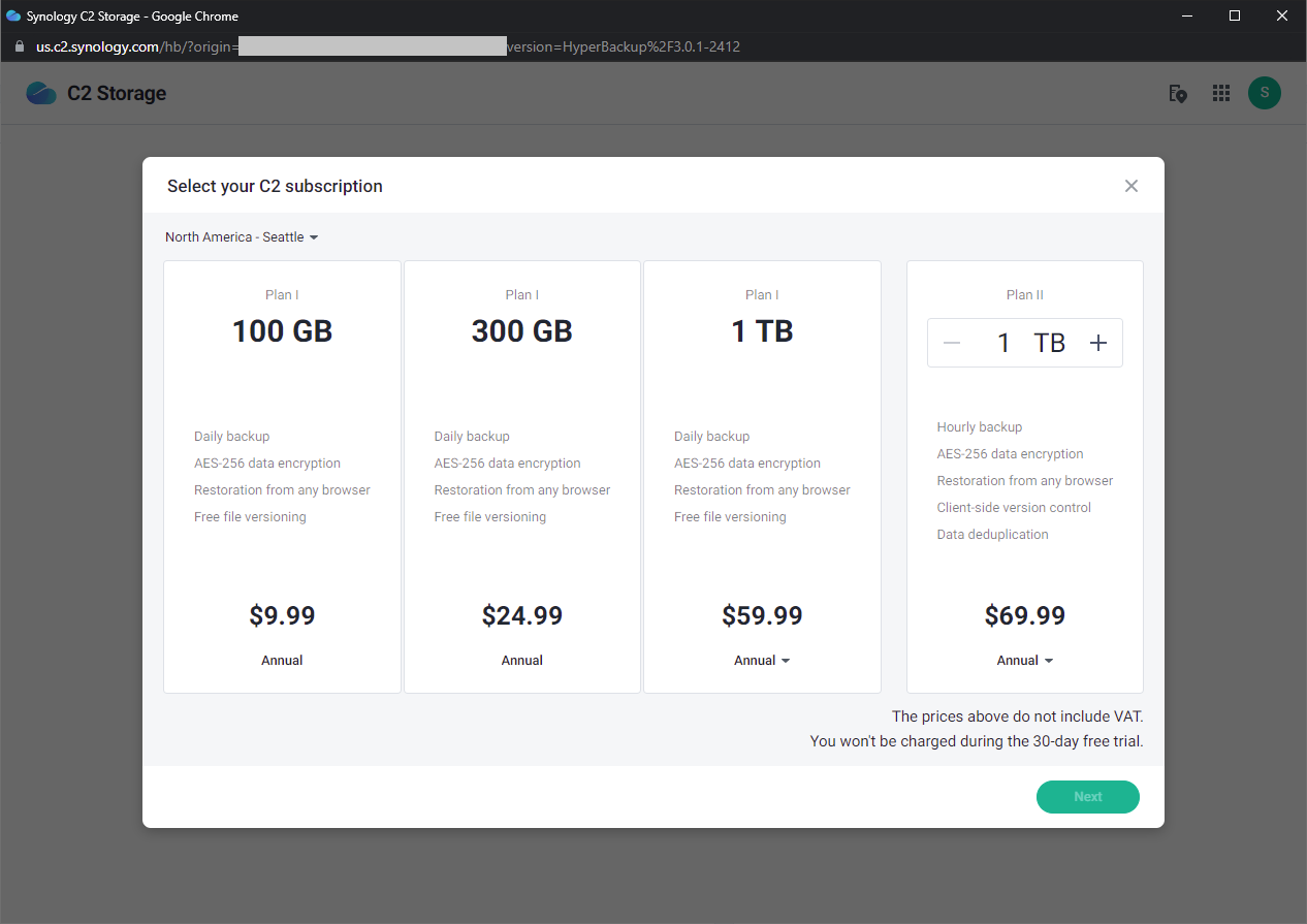 Synology C2 Storage - Select your C2 subscription