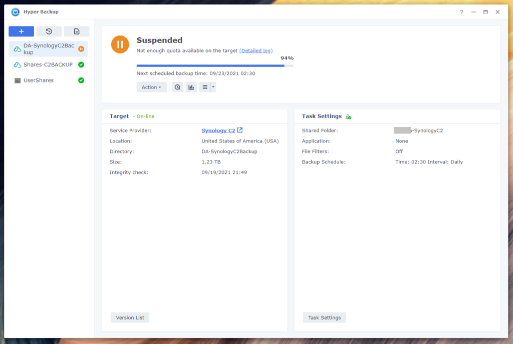 Synology Hyper Backup C2 Storage - Not enough quota available on the target 