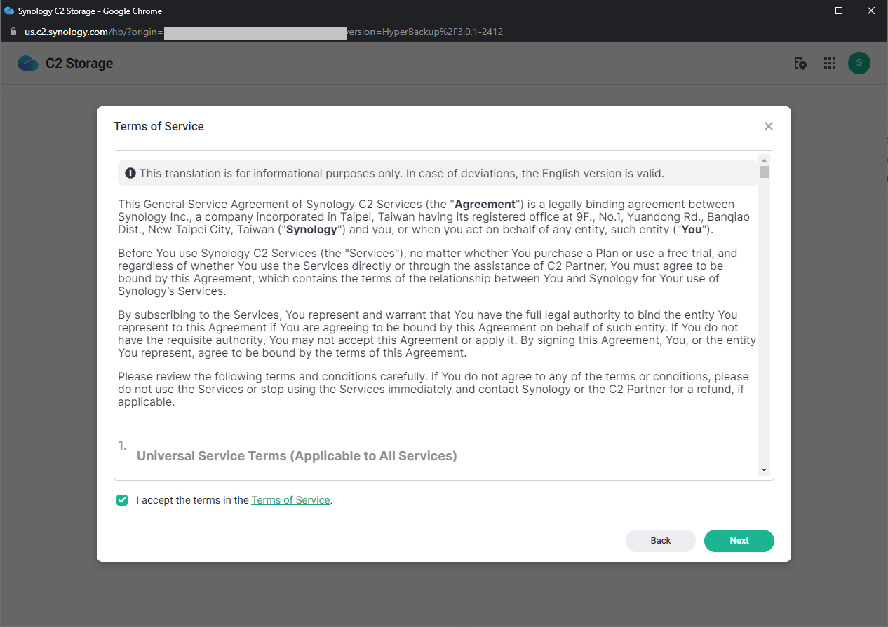 Synology C2 Storage - Terms of Service