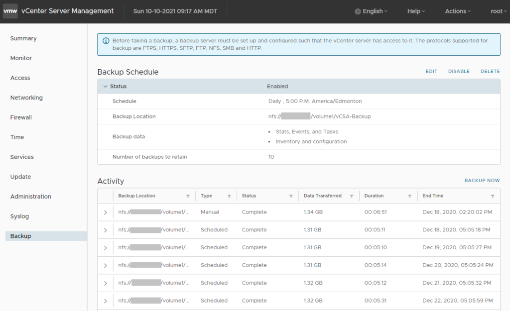 vCSA Backup Screenshot