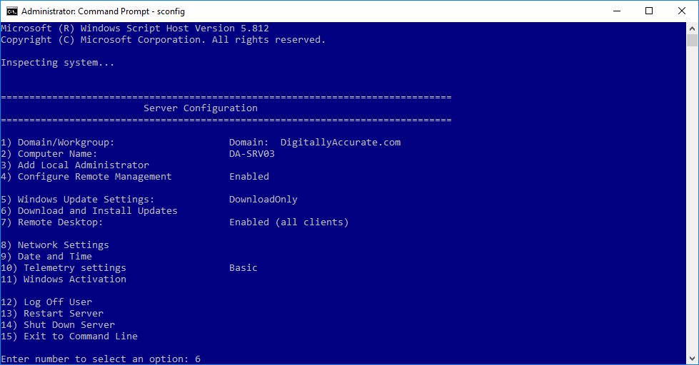 sconfig Sunucu Yapılandırması menüsü