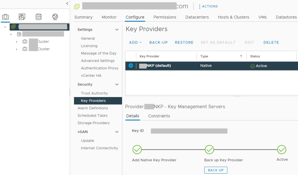 Screenshot of VMware vCenter Server with Native Key Provider (NKP) Configured