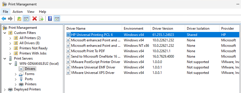 Screenshot of Printer Driver installed on non-persistent VDI Instant Clone golden image