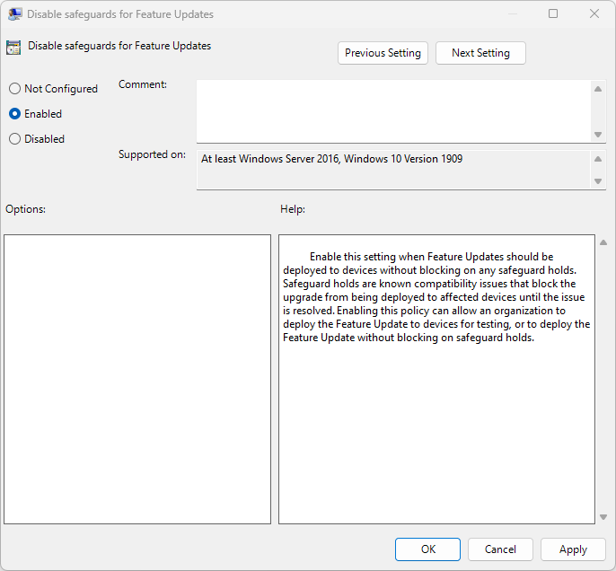 Screenshot of Local Group Policy to Disable safeguards for Feature Updates