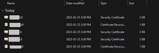 Screenshot of vCenter Server Root CA Certificate files