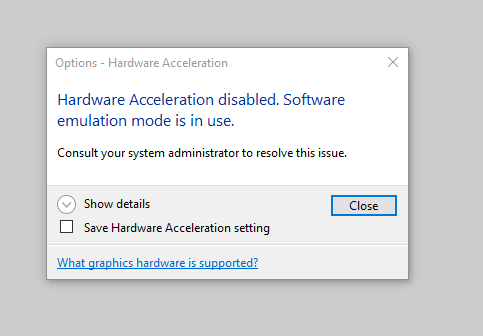 Screenshot of vGPU AutoCAD Hardware Acceleration Disabled
