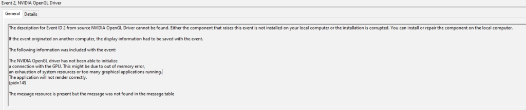 Screenshot of vGPU NVIDIA OpenGL Driver Not Found