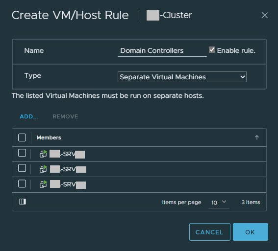 Screenshot rule creation for VM placement using VM Host Rules