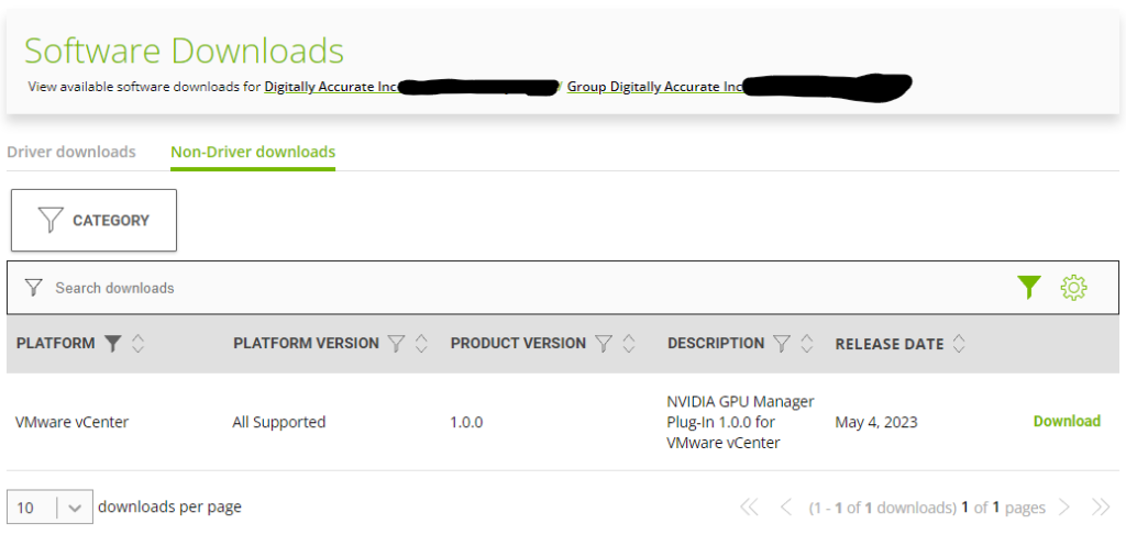 Screenshot of download link for NVIDIA GPU Manager for VMware vCenter