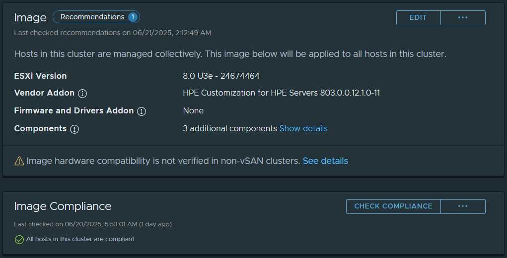 Screenshot of VMware vLCM image based update configuration screen.